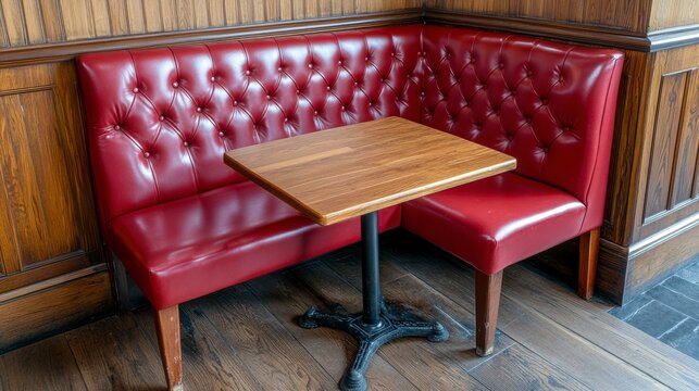 Cozy Red Upholstered Booth with Wooden Table in a Rustic Setting