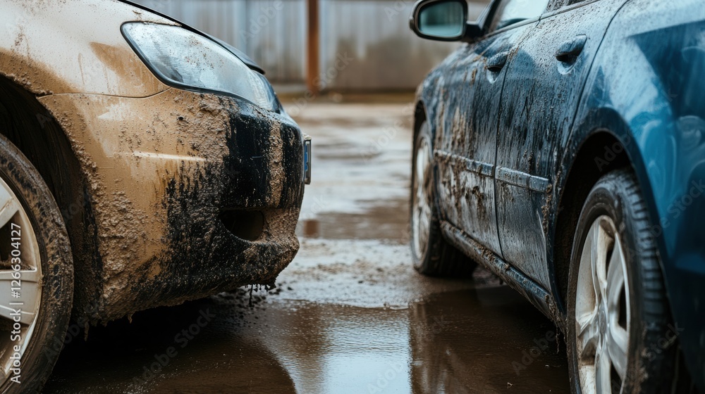 Aufkleber comparison of a scratched dirty car and a shiny polished car showcasing vehicle care differences. ge
