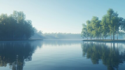 Obraz premium Serene morning at a tranquil lake surrounded by lush trees and misty fog in the early hours of dawn