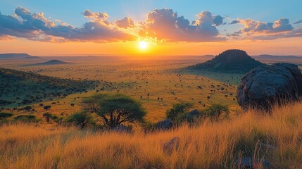Stunning sunset over vast savanna landscape with silhouetted trees and distant hills