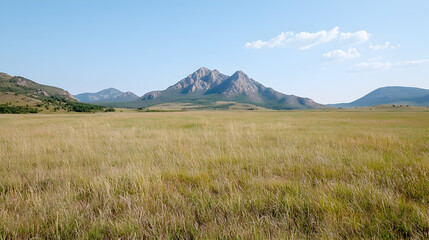 Mountain landscape, vast grassland, clear sky, summer day; travel poster