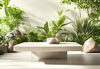 Serene Stone Coffee Table in a Lush Green Garden Setting