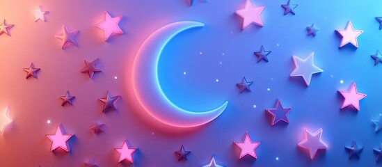 Fototapeta premium Colorful night sky with glowing stars and crescent moon, creating a dreamy atmosphere
