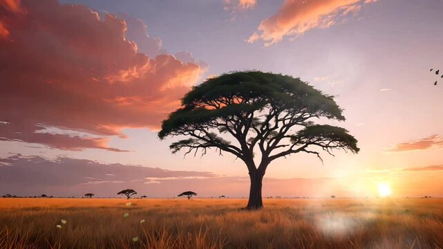 Acacia tree silhouette in vast savanna grassland during sunset scenery, seamless looping 4k time-lapse video animation background 