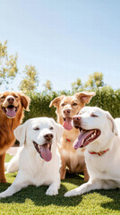 group of dogs playing together at dog park, enjoying sunny day and each other company. Their joyful expressions reflect happiness of perfect day outdoors