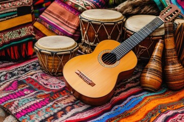 Naklejka premium Colorful guitar, drums, and ethnic textiles. Market stall musical instruments
