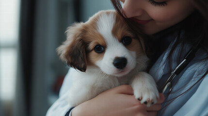 kind veterinarian gently cradles tiny puppy, showcasing warm bond. scene captures love and care between them, highlighting joy of pet companionship