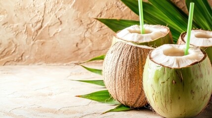 Refreshing coconut drinks tropical beach food photography natural setting close-up exotic flavor experience