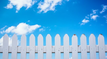 White picket fence with a blue sky