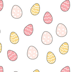 Seamless Easter pattern with pastel decorated eggs on white background