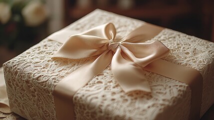 Elegant lace-wrapped gift box adorned with a satin ribbon, set against a soft, blurred background