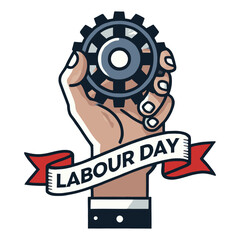 Fototapeta premium Hand Holding Gear with Labour Day Ribbon Illustration
