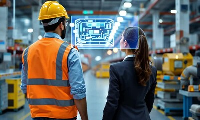 Factory workers viewing digital blueprint, industrial setting - Powered by Adobe