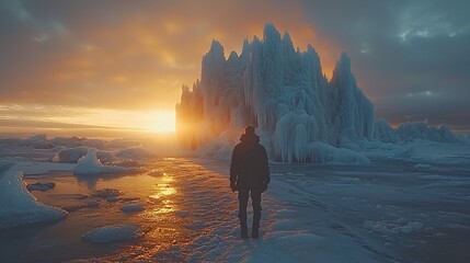 Obraz premium Man gazing at sunset, ice formations, frozen lake, winter landscape, travel photography