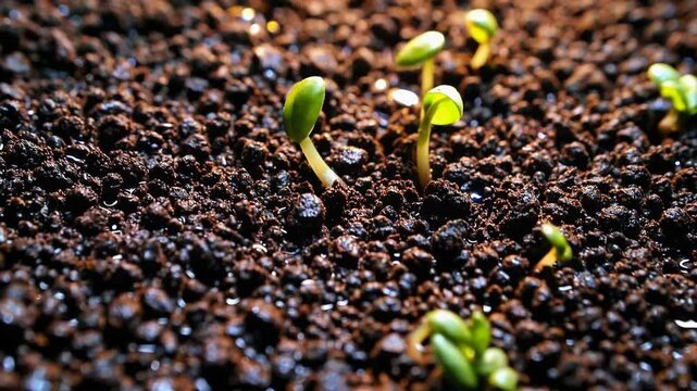 Young green seedlings sprouting from dark soil, close-up view. Growth and nature concept