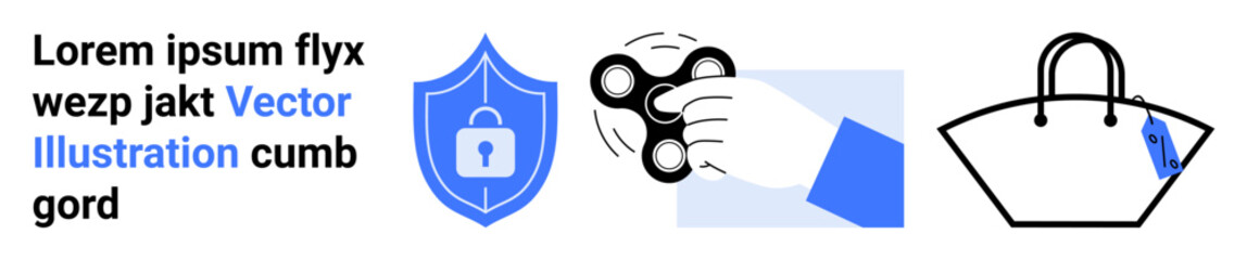 Hand holding a spinner, shield icon symbolizing security with a lock, and minimalist handbag with a visible price tag. Ideal for security, shopping, relaxation, technology, retail, leisure flat