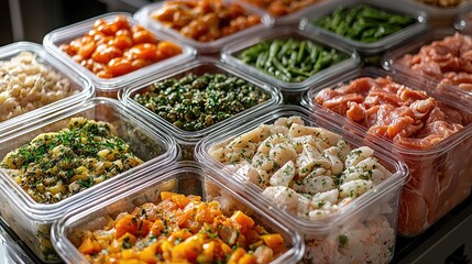 Colorful array of prepared meal ingredients in containers, showcasing healthy eating options
