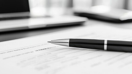 Office documents with pen, business meeting prep, light interior. Possible use Stock photo for business, work