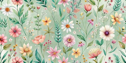 Fototapeta premium A Charming Seamless Pattern of Delicate Watercolor Flowers and Lush Greenery on a Soft Green Background, Ideal for Textile Design and Various Decorative Applications