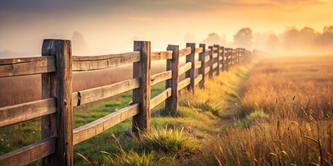 Obraz premium Wooden fence stretches across a misty golden field at sunrise, a tranquil pastoral scene