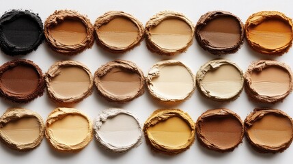 Diverse skin tones displayed in round, textured containers, arranged on a white surface; various shades from light to dark