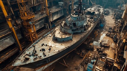 Top Down View of a Vessel Undergoing Restoration in a Shipyard Environment : Generative AI