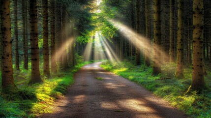 Fototapeta premium Sunbeams illuminating forest path, lush greenery, tranquil scene