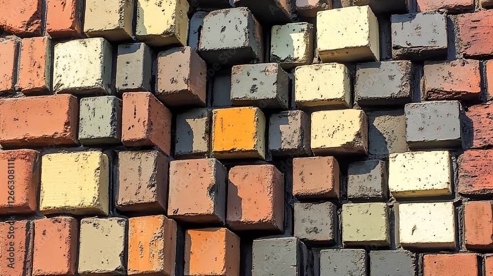 Poster rustic textured bricks in various colors forming an artistic wall mosaic for interior design : gener