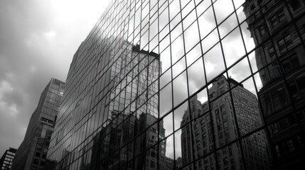 Skyscraper reflection, city backdrop, urban architecture, grayscale