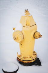 Yellow fire hydrant with snow after storm
