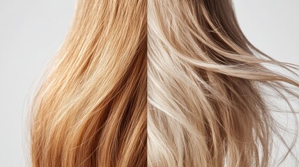 Fototapeta premium Comparison of healthy smooth hair strand next to brittle damaged hair showing distinct characteristics and textures clearly. Generative AI