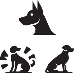 Three dog silhouettes head, sitting, and sitting profile.