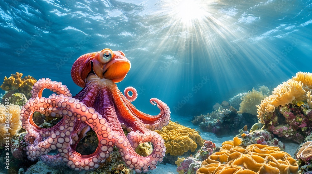 Poster vibrant scene of an octopus resting on a coral reef with glowing sun rays illuminating the underwate