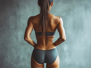 Obraz premium Athletic young girl in sportswear shows muscles ,the girl stands with her back turned, without a face. Back view. Active sports life of a woman, concept. Generative Ai