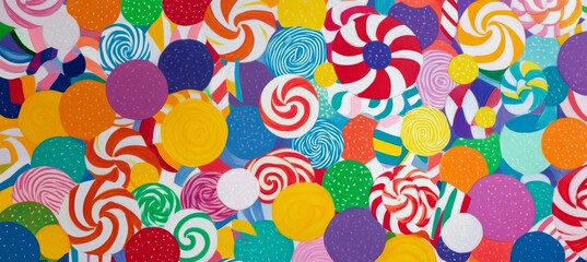 A colorful background of various candies, including swirled lollipops and round hard candy balls.