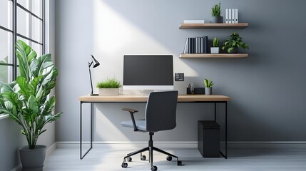Modern home office setup featuring a sleek desk, computer, and greenery with natural light streaming in