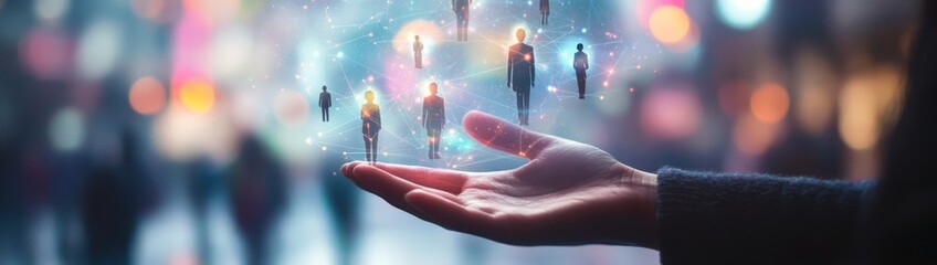 A business person holding out their hand with human figures floating above it.