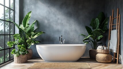 Stylish Bathroom with Luxury Bathtub, Beautiful Plants, and Dark Textured Walls : Generative AI