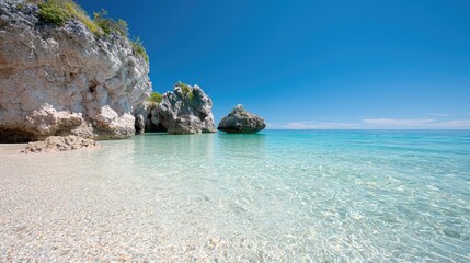 Clear turquoise water, pebble beach, rocky coast, sunny day, travel destination