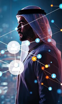 Arabian Businessman Profile, Network Connections, Cityscape Background, Conceptual Image