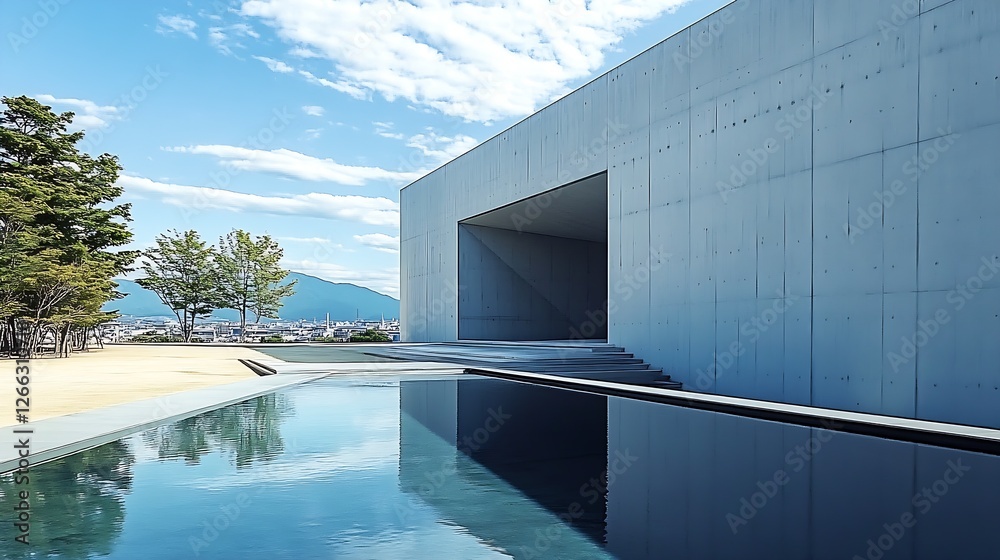 Poster modern minimalist architecture showcasing a concrete building and serene water reflecting a clear bl