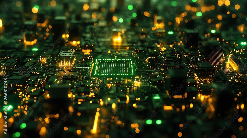 Poster panoramic view of a vibrant electronic circuit board illuminated with golden lights and green chips 