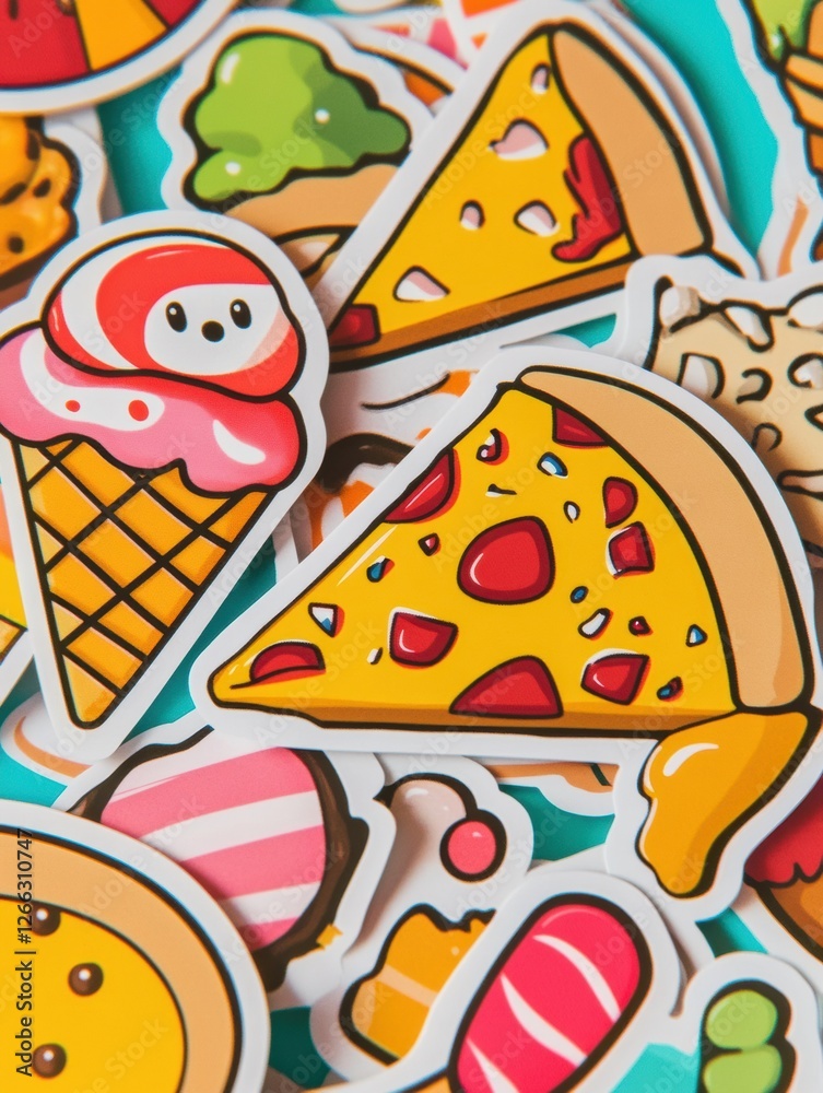 Poster bright and colorful playful food stickers featuring fun pizza slices and ice cream on vibrant backgr