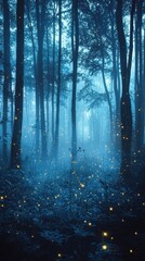 Obraz premium Mysterious Foggy Forest Illuminated by Soft Glowing Fireflies