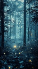 Fototapeta premium Mysterious Foggy Forest with Soft Glowing Fireflies at Dusk
