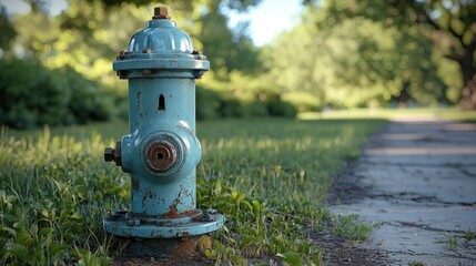 Fototapeta premium A weathered blue fire hydrant stands on a sidewalk surrounded by lush greenery in a park