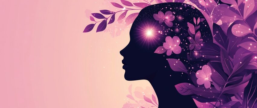 A vector illustration of a woman's silhouette with a glowing mind, adorned with flowers and leaves in shades of purple and pink. Ideal for mental wellness, creativity, and self-growth themes