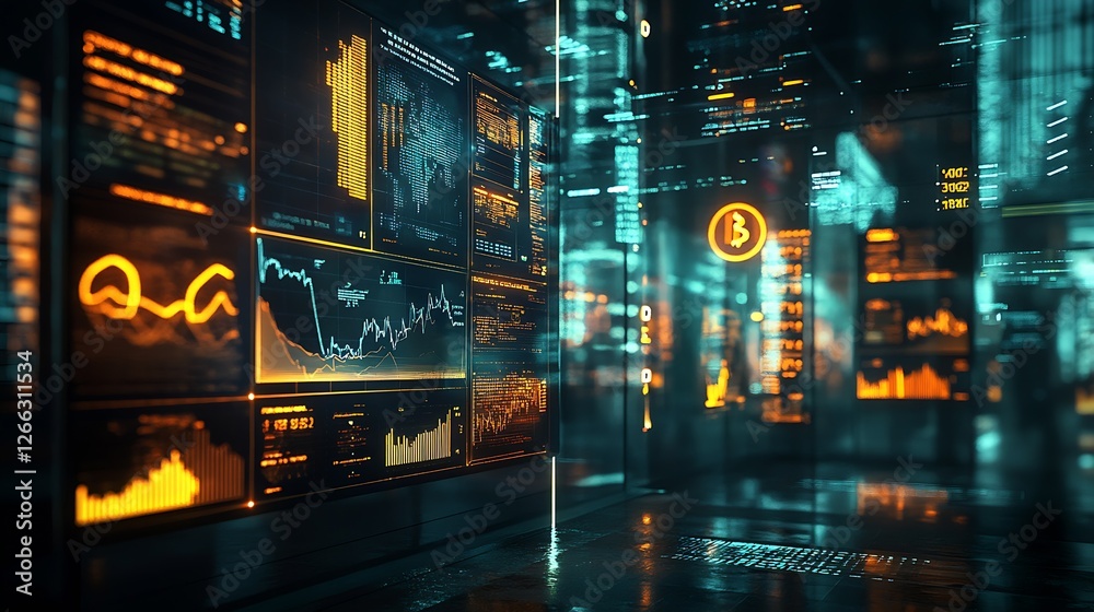 Aufkleber Cryptocurrency trading session with glowing Bitcoin symbol and detailed market charts : Generative AI