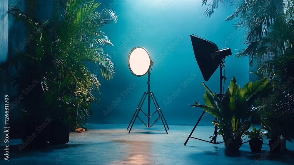 Aufkleber modern photo studio setup with bright lighting and tropical plants for creative projects : generativ