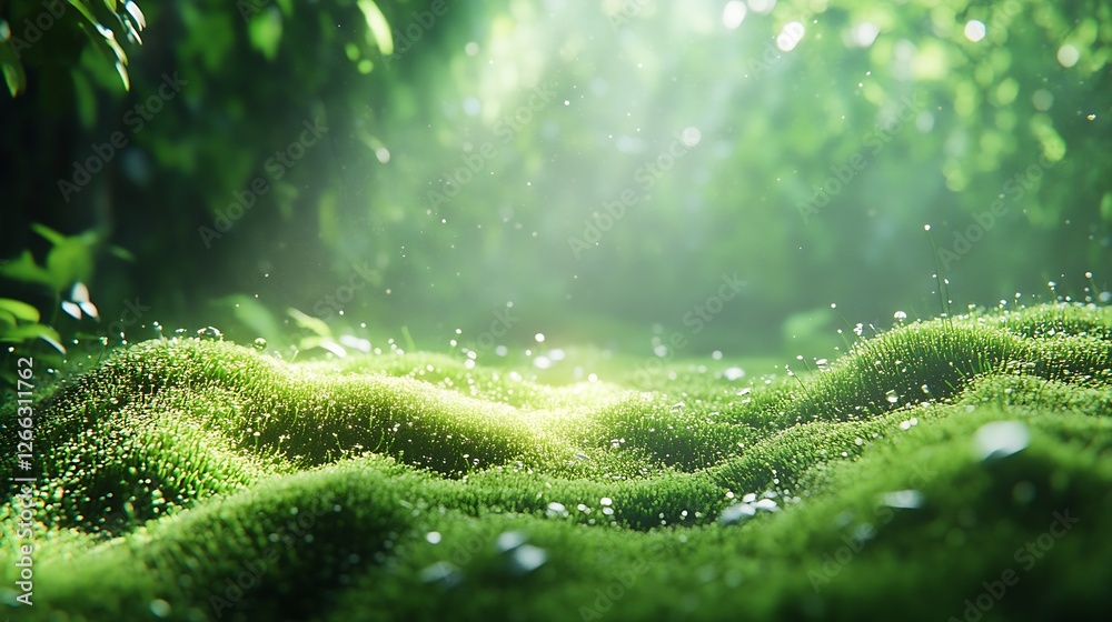 Poster luminous mossy ground with dew drops and glittering light rays creating an enchanting scene : genera